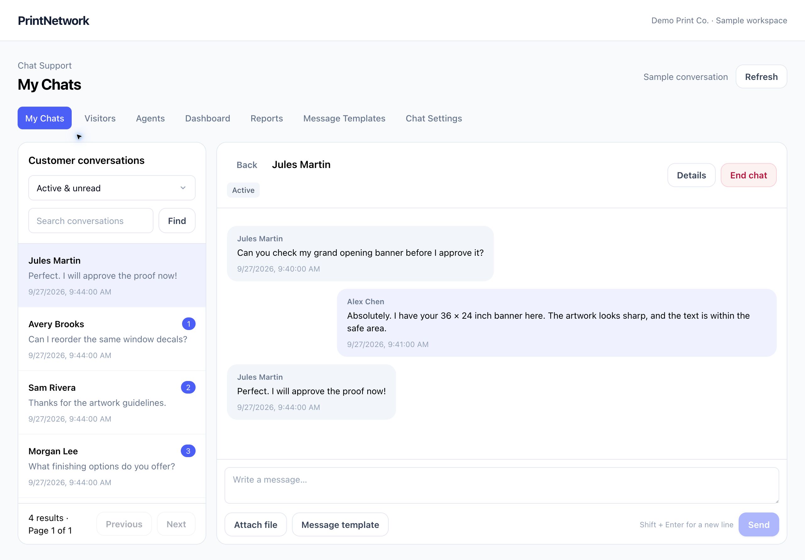Live chat in PrintNetwork: Keep customer conversations in the same workspace as the orders they need help with. Fictional demo data.