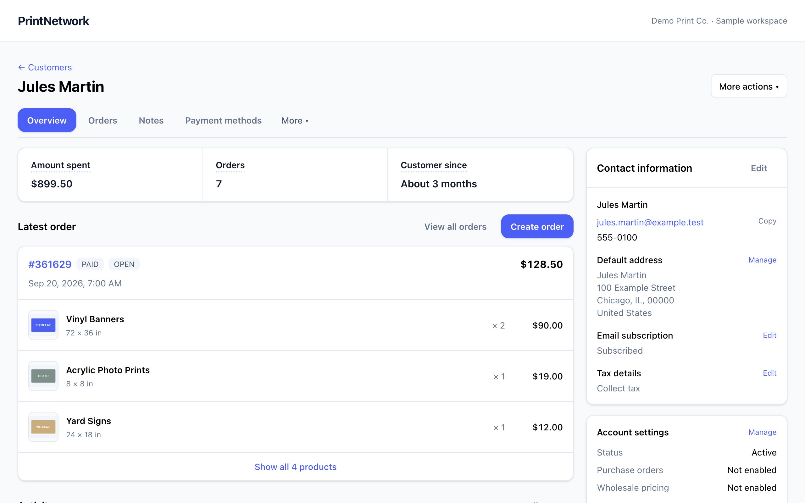 Customer profiles in PrintNetwork: See order history, account settings and customer details together, so your team has the context to help. Fictional demo data.