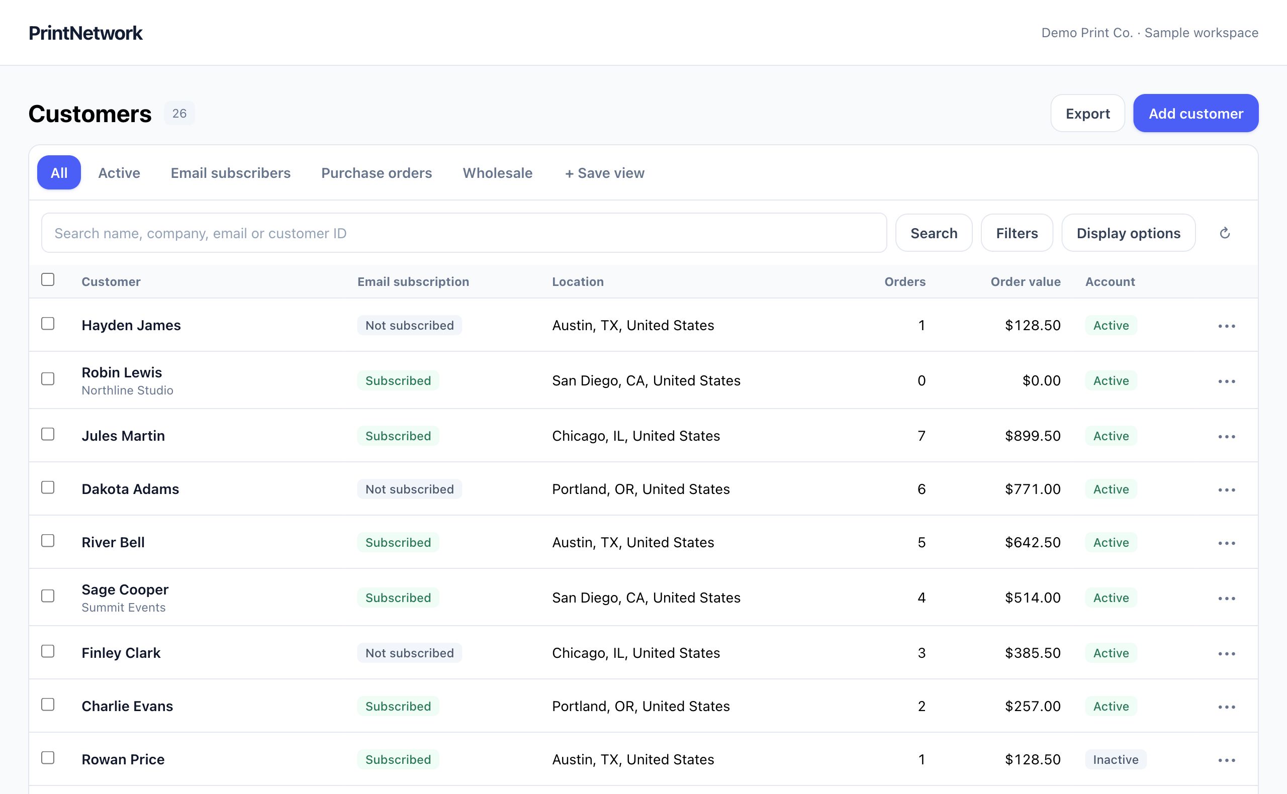 Customer directory in PrintNetwork: Find the right account, filter your customers and build saved views around the way your team works. Fictional demo data.