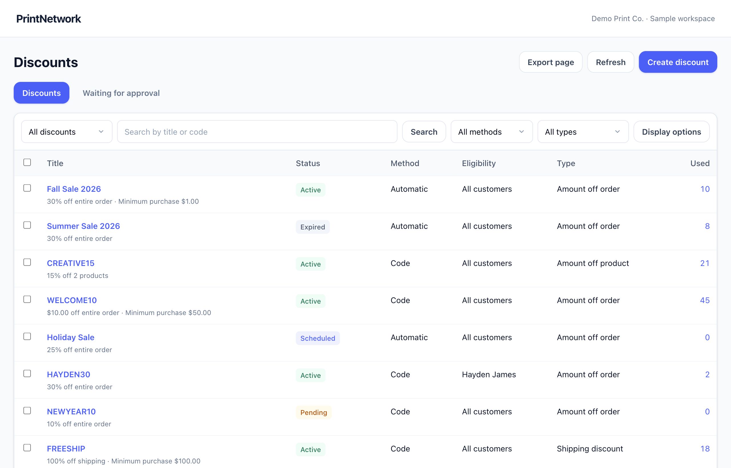 Discounts in PrintNetwork: Manage automatic discounts and promotional codes, with eligibility, status and usage visible in one workspace. Fictional demo data.