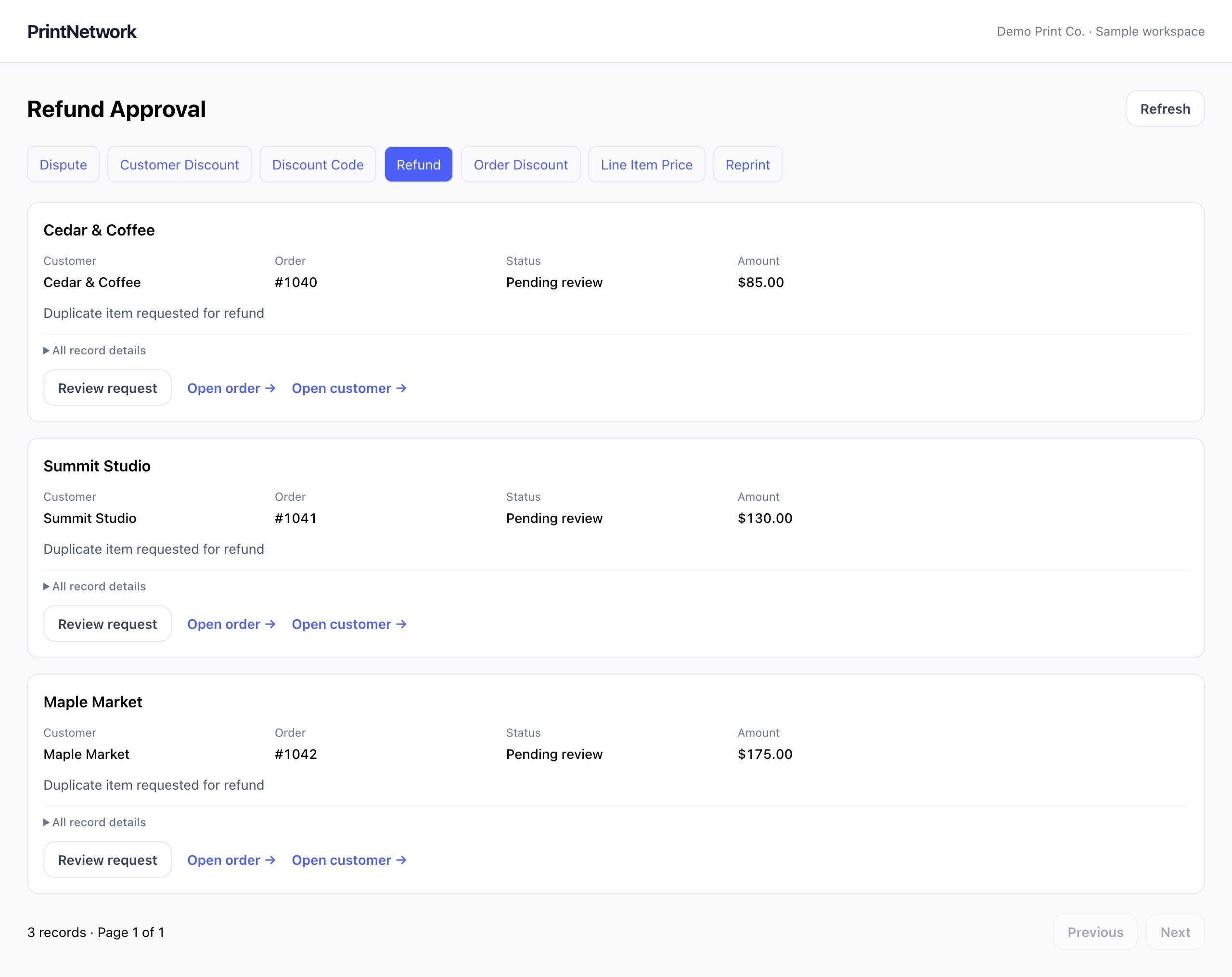 Approval queues in PrintNetwork: Review requested changes before they are applied. Fictional demo data.