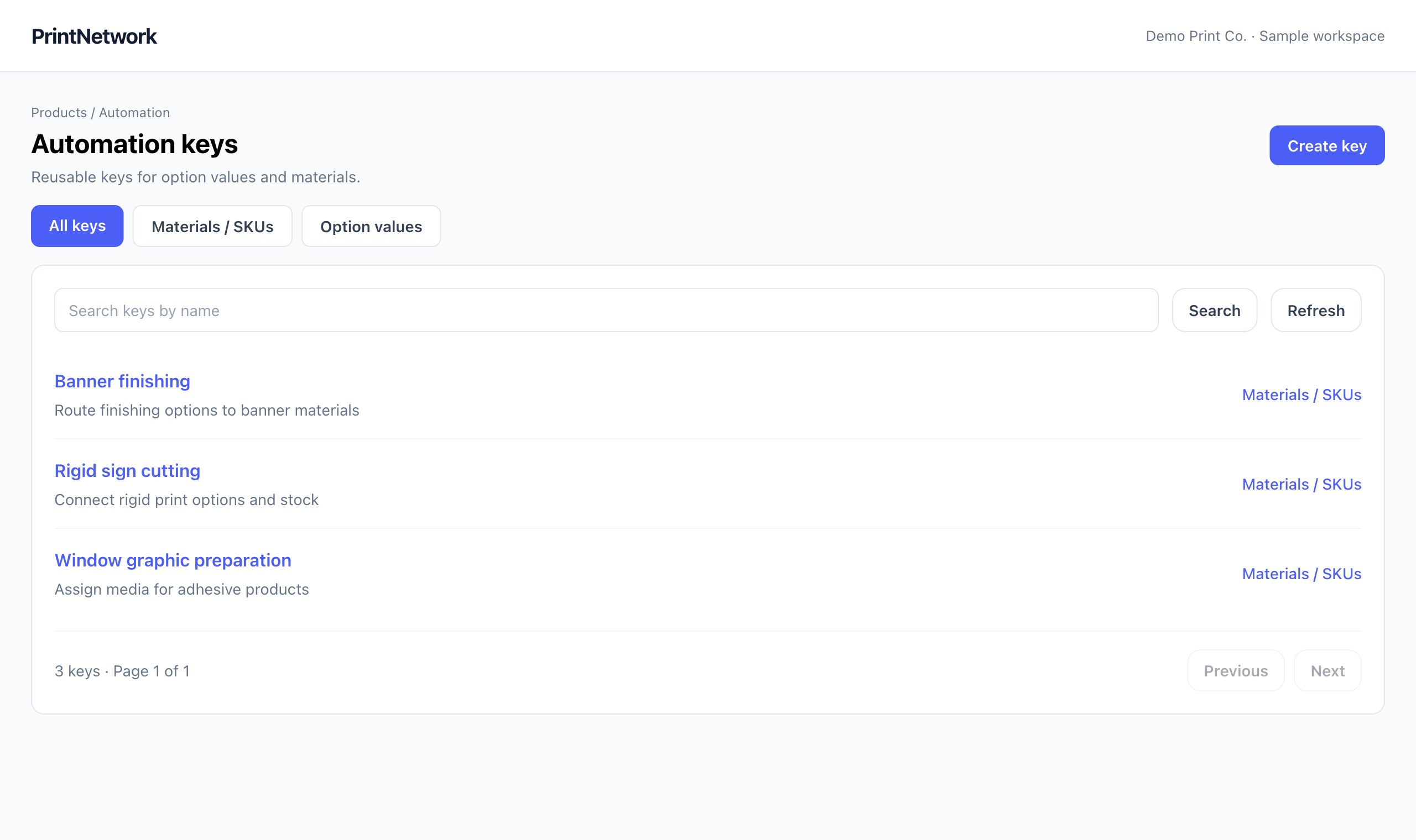 Automation keys in PrintNetwork: Organize reusable keys for option values and materials. Fictional demo data.