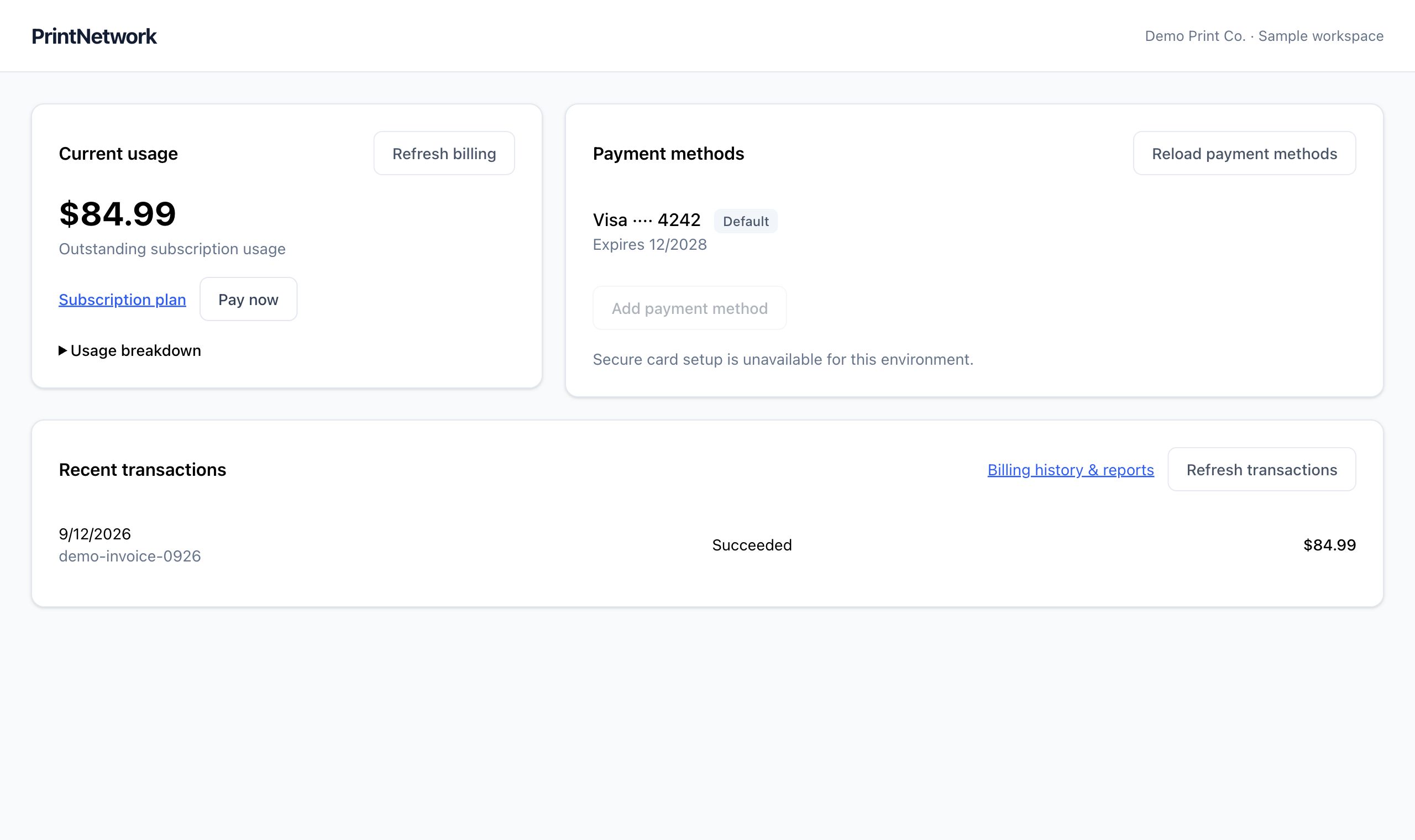 Account billing in PrintNetwork: Review subscription usage, billing methods and transactions. Fictional demo data.
