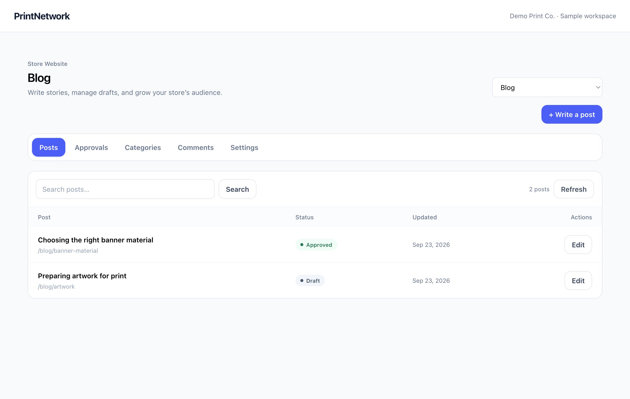 Blog publishing in PrintNetwork: Organize posts, drafts, approvals and blog categories. Fictional demo data.