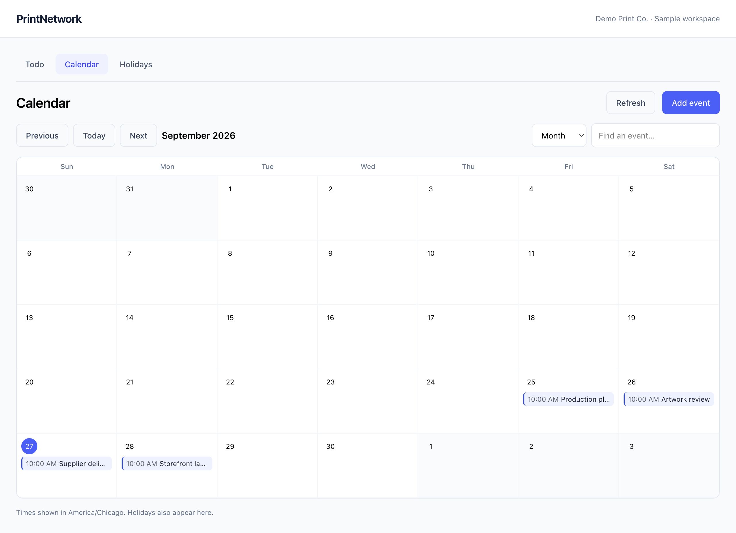 Shared calendar in PrintNetwork: Plan team events and review your schedule. Fictional demo data.