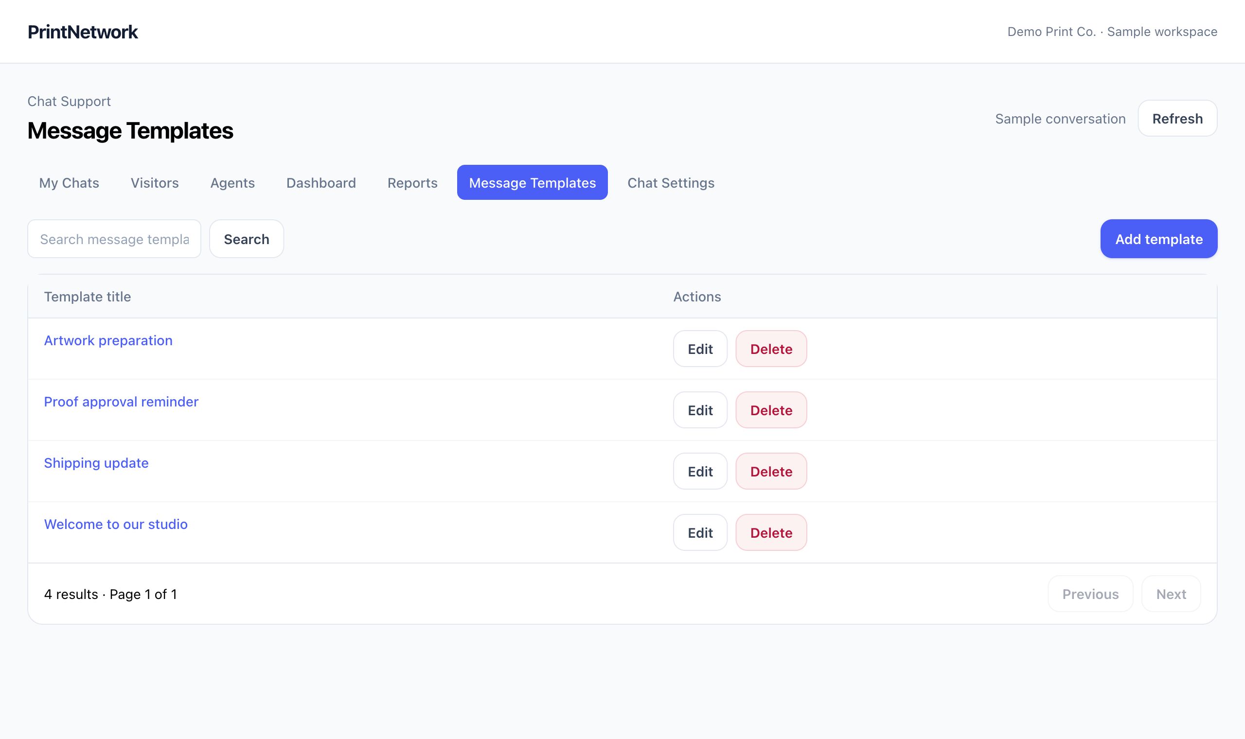 Message templates in PrintNetwork: Keep reusable support replies easy to find. Fictional demo data.