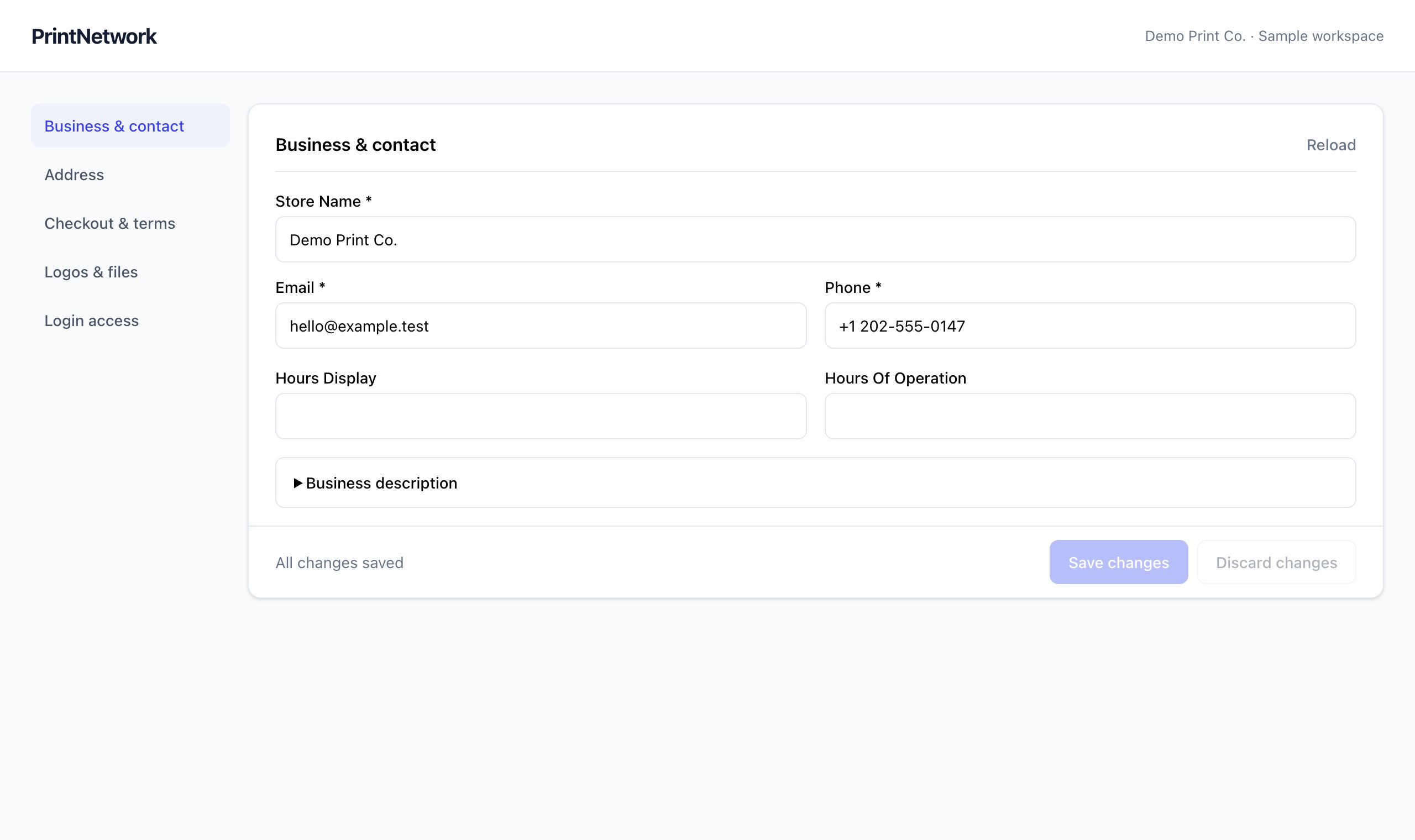 Company settings in PrintNetwork: Maintain the business and contact details used by your workspace. Fictional demo data.