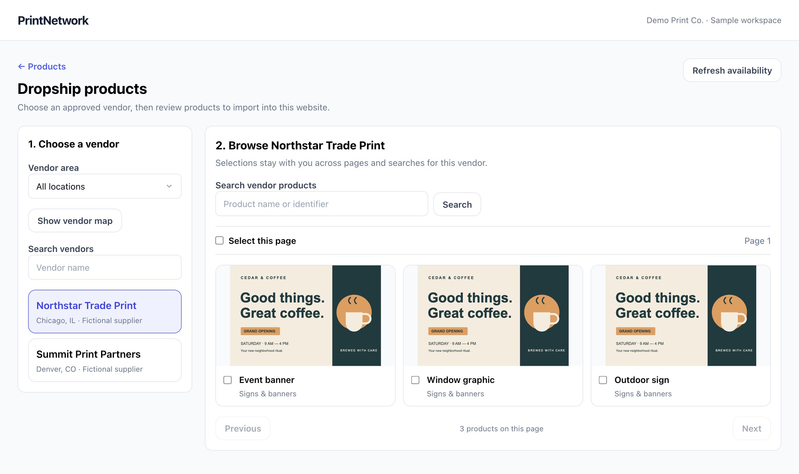 Dropship products in PrintNetwork: Choose an approved vendor and review products for import. Fictional demo data.