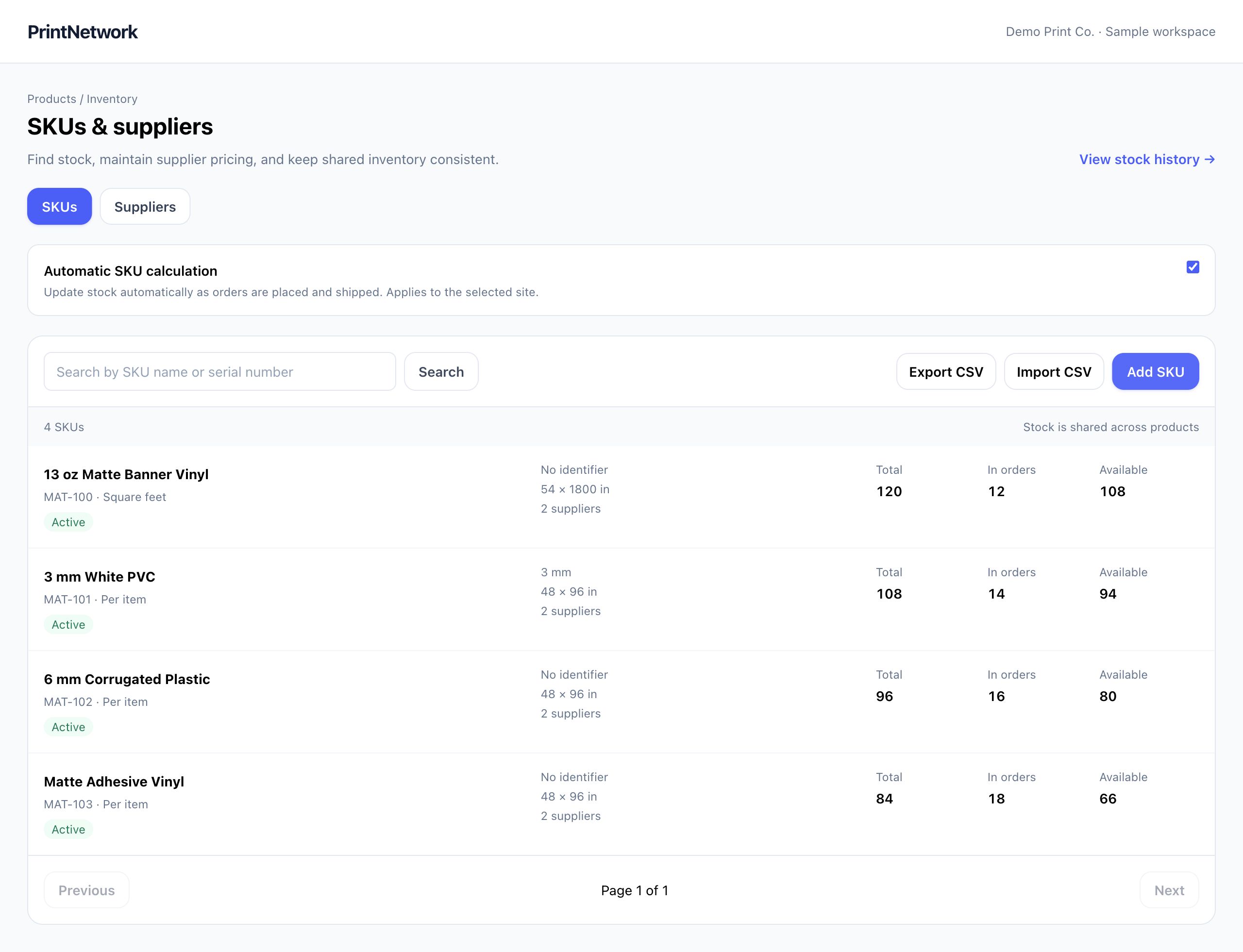Materials and suppliers in PrintNetwork: Review stock, supplier relationships and material identifiers. Fictional demo data.