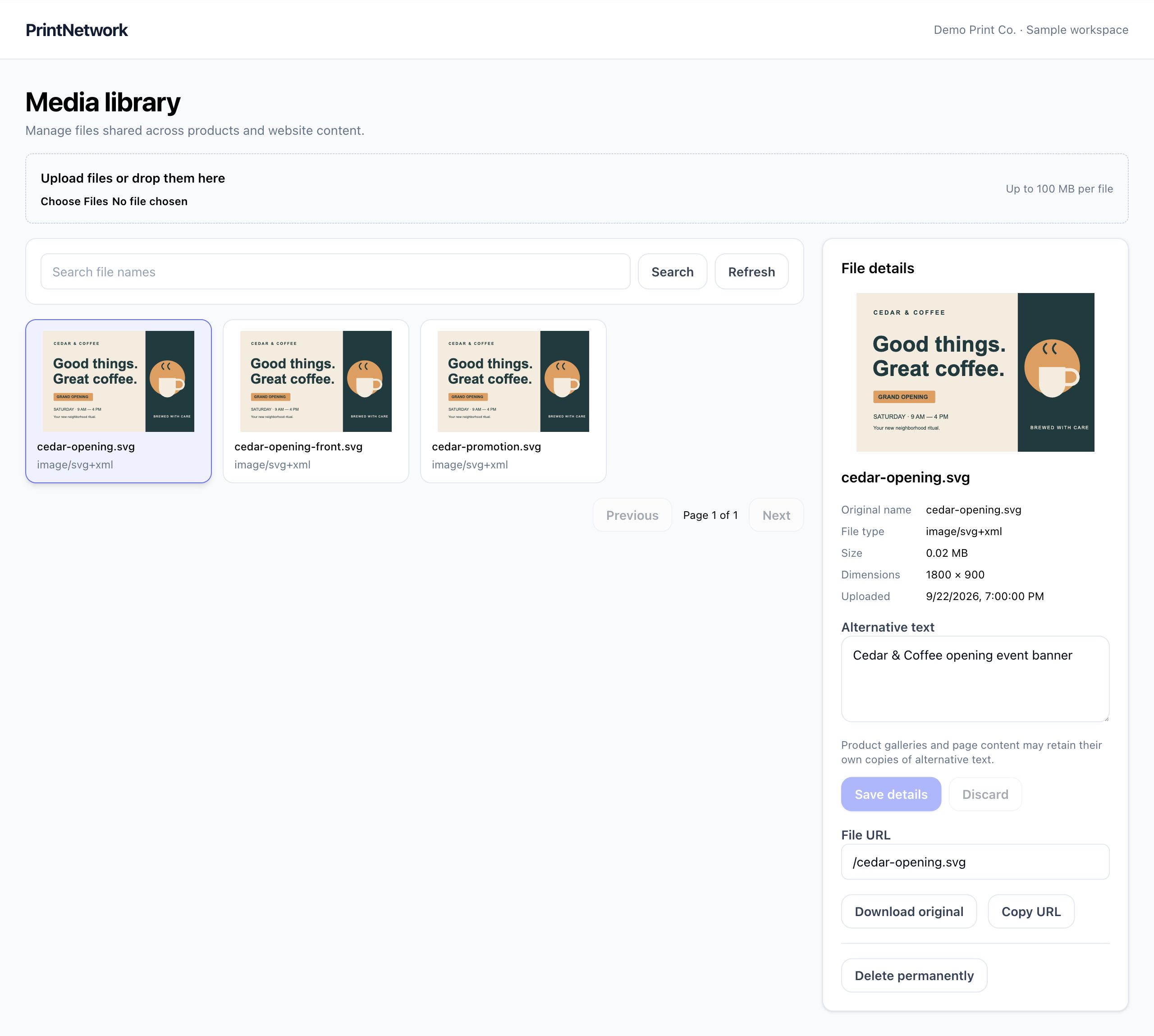 Media library in PrintNetwork: Inspect reusable files, alternative text and image details. Fictional demo data.