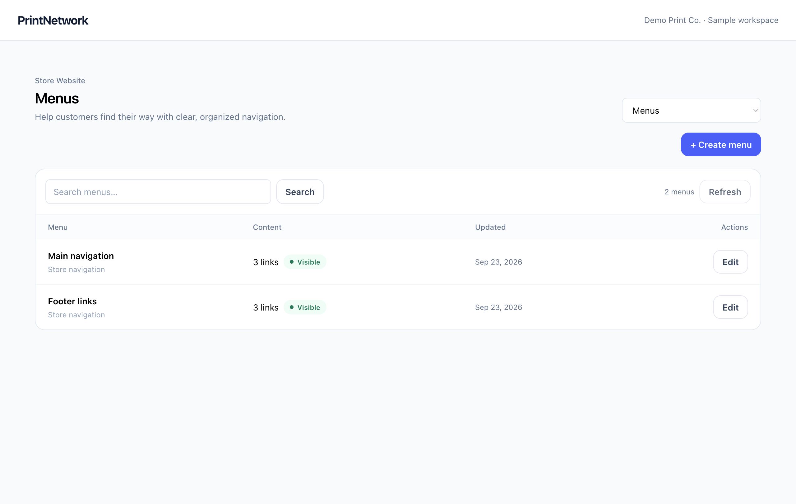 Website menus in PrintNetwork: Organize the links customers use to browse your site. Fictional demo data.
