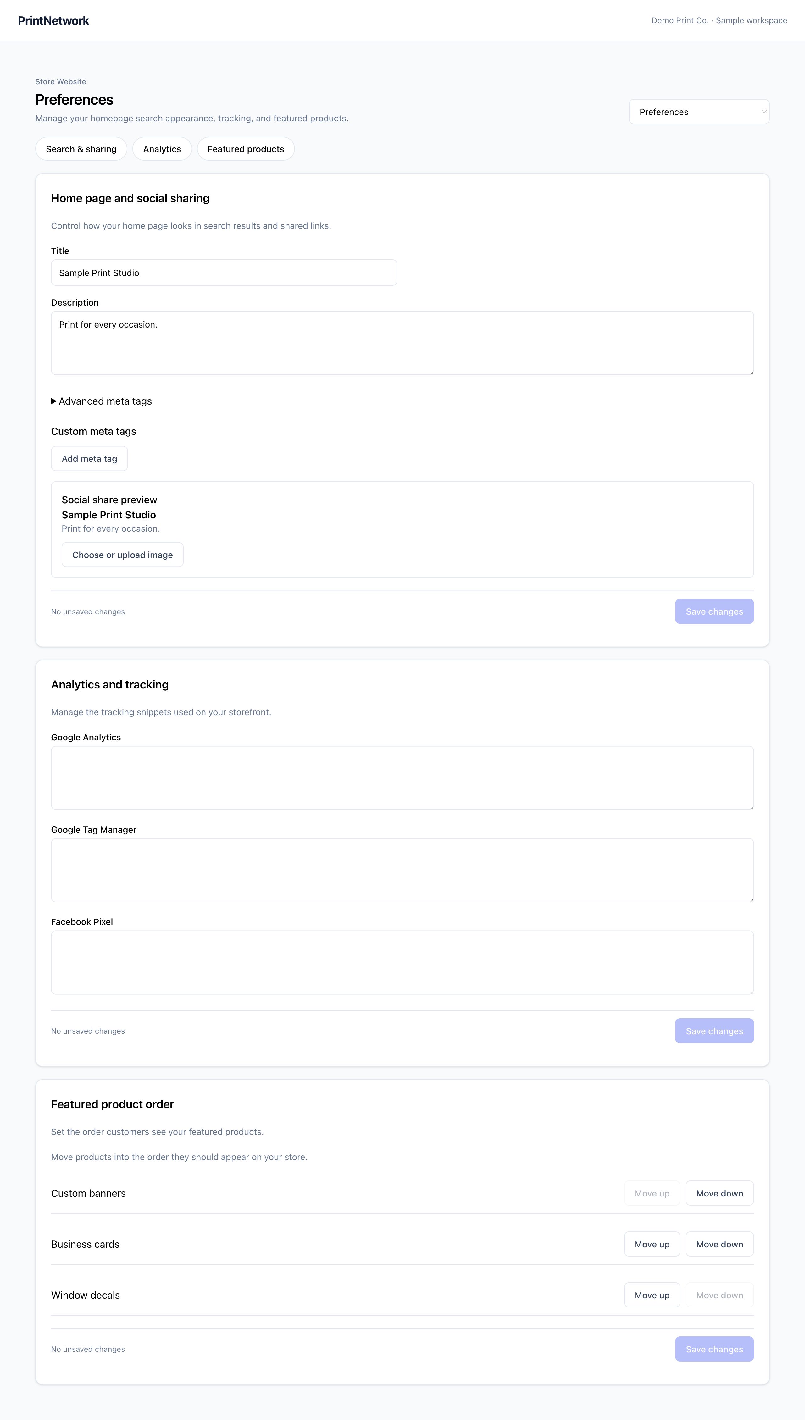 Website preferences in PrintNetwork: Manage search presentation, tracking and featured products. Fictional demo data.