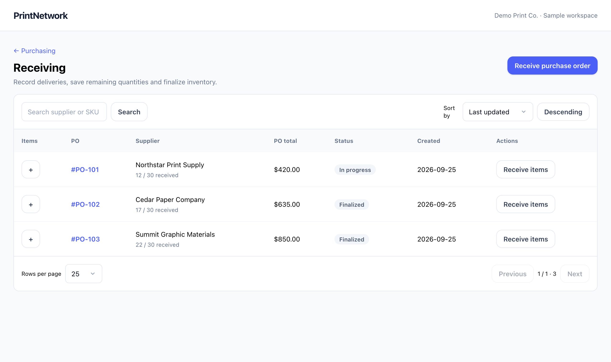 Receiving materials in PrintNetwork: Match delivered quantities to a supplier purchase order. Fictional demo data.