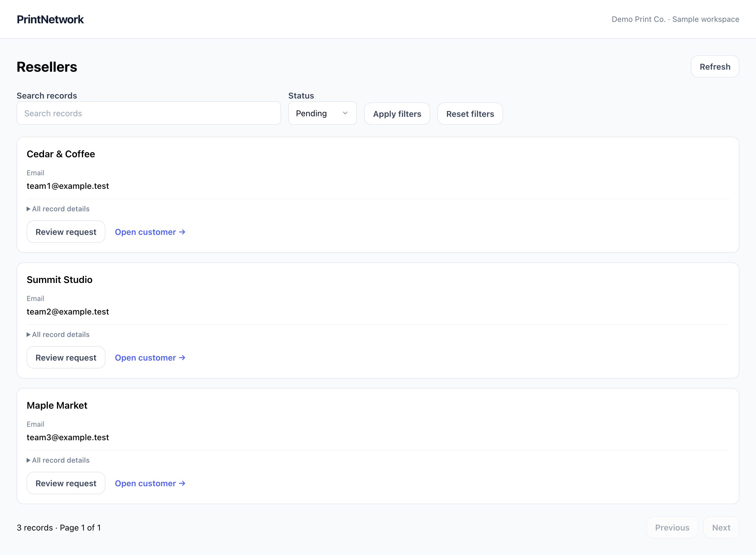 Reseller accounts in PrintNetwork: Review trade-account requests and open their customer records. Fictional demo data.