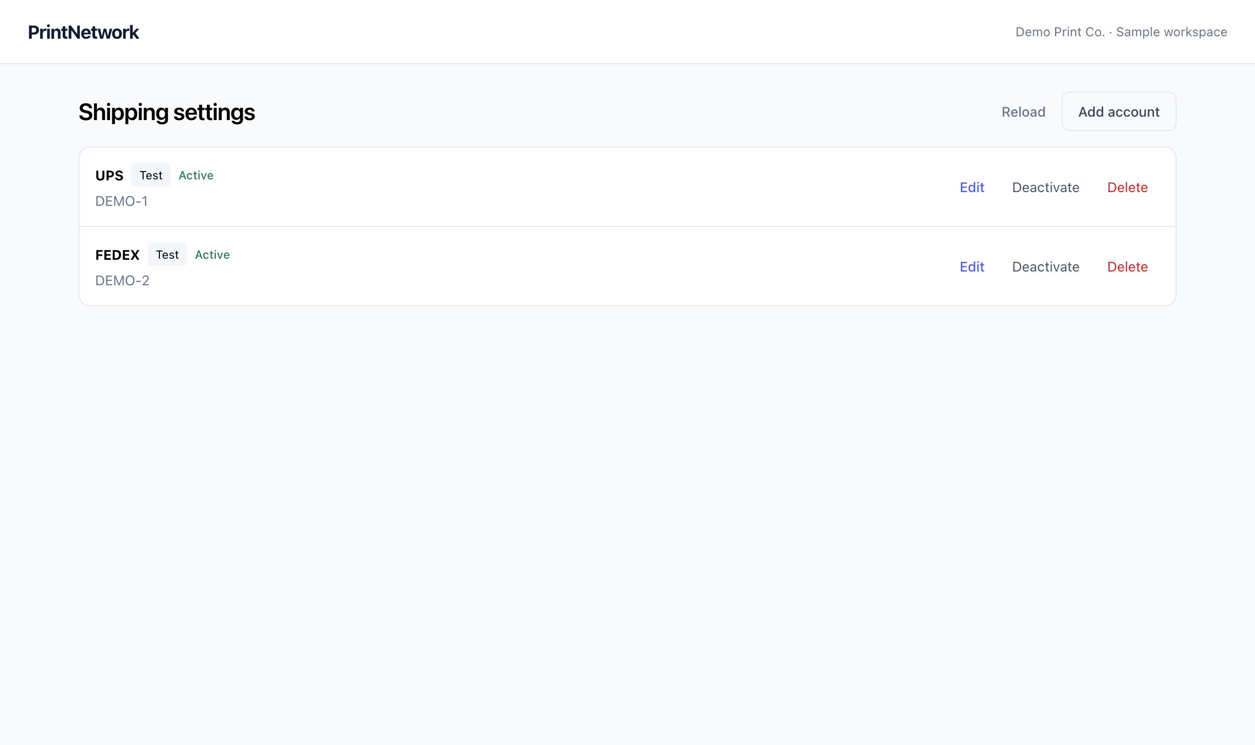 Shipping accounts in PrintNetwork: Configure carrier accounts and review test or live status. Fictional demo data.