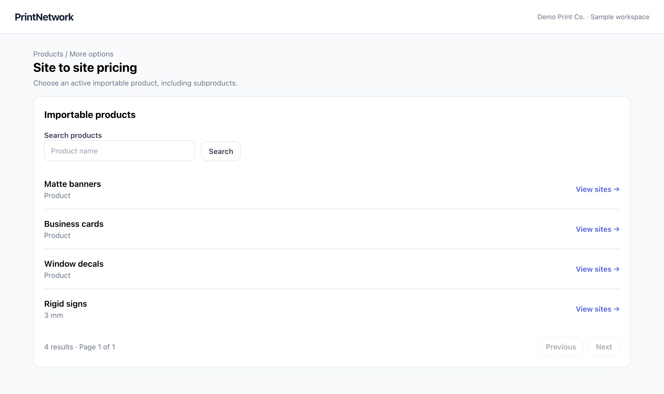 Connected-store pricing in PrintNetwork: Choose an importable product to manage its connected-store prices. Fictional demo data.