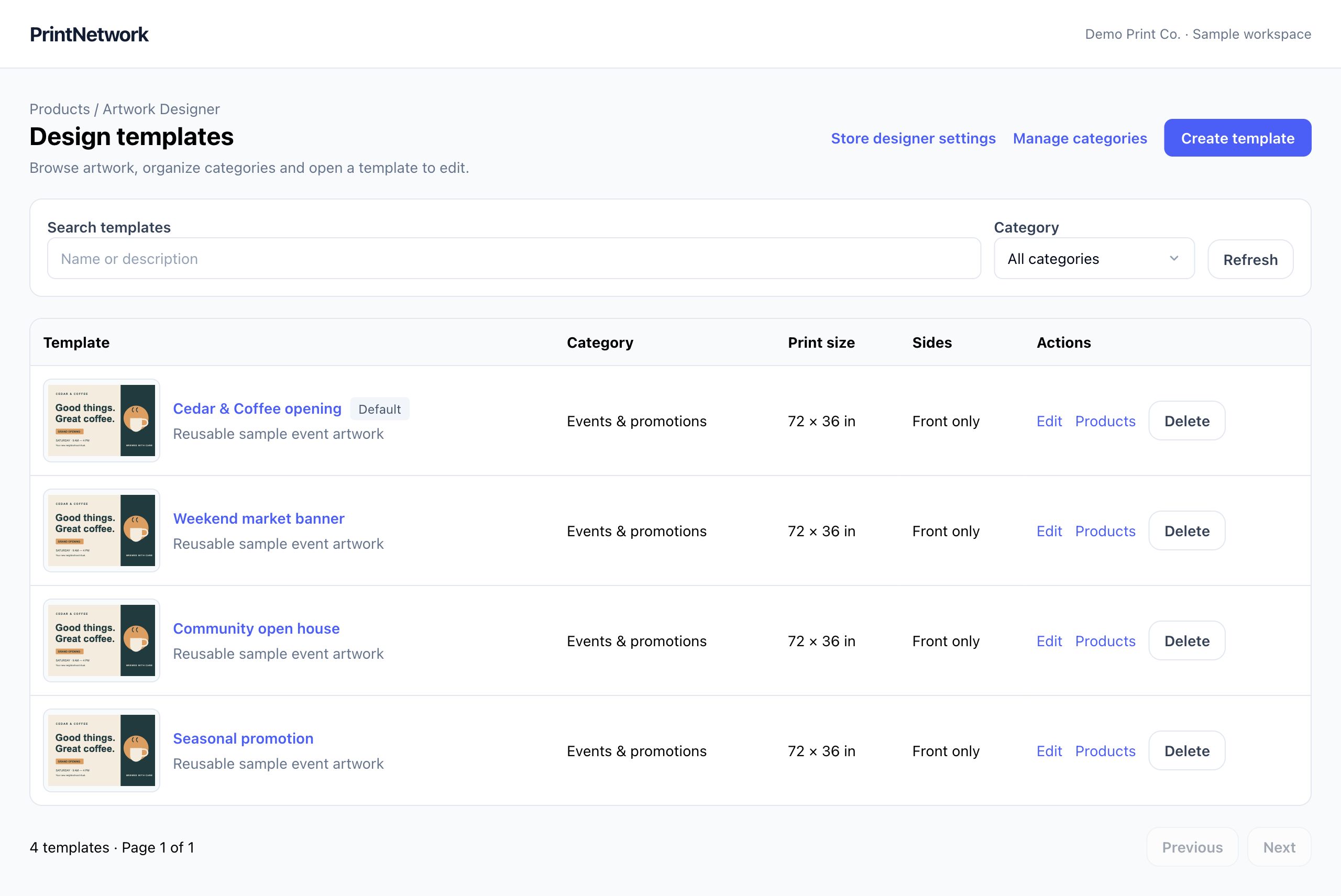 Design templates in PrintNetwork: Browse reusable artwork layouts and their print sizes. Fictional demo data.