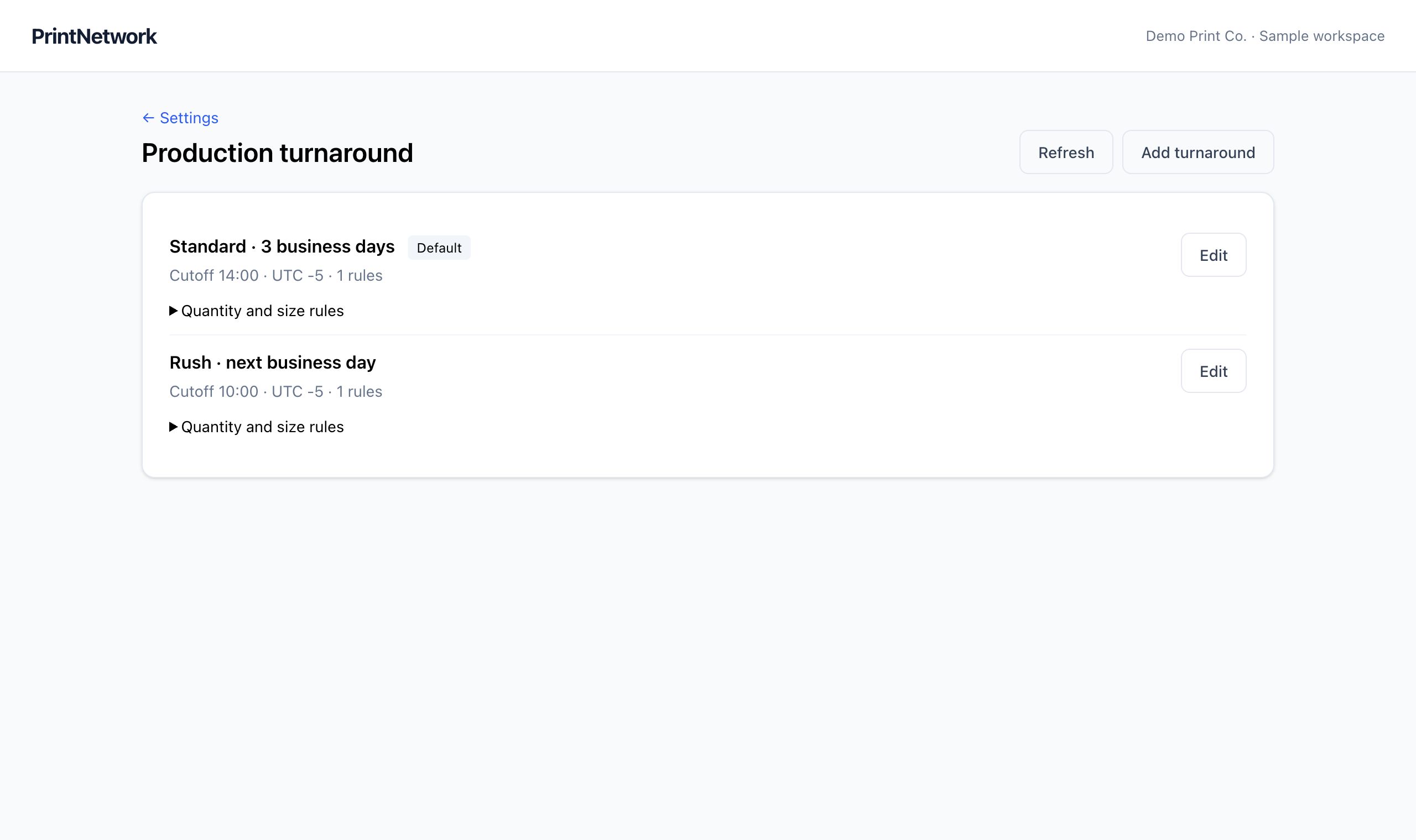 Production turnarounds in PrintNetwork: Review cutoff times and quantity or size rules. Fictional demo data.
