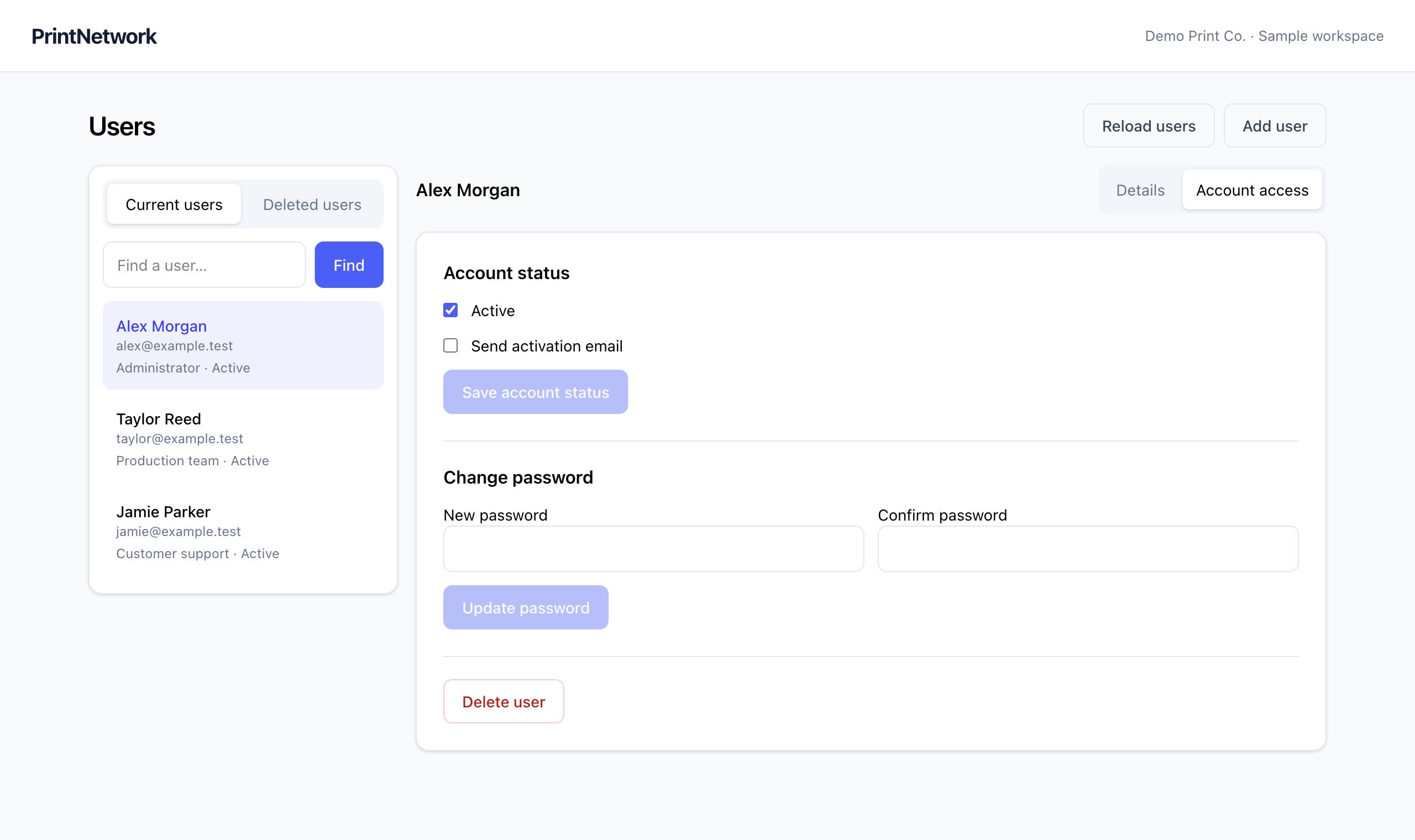 Users and access in PrintNetwork: Review staff accounts, security groups and activation settings. Fictional demo data.