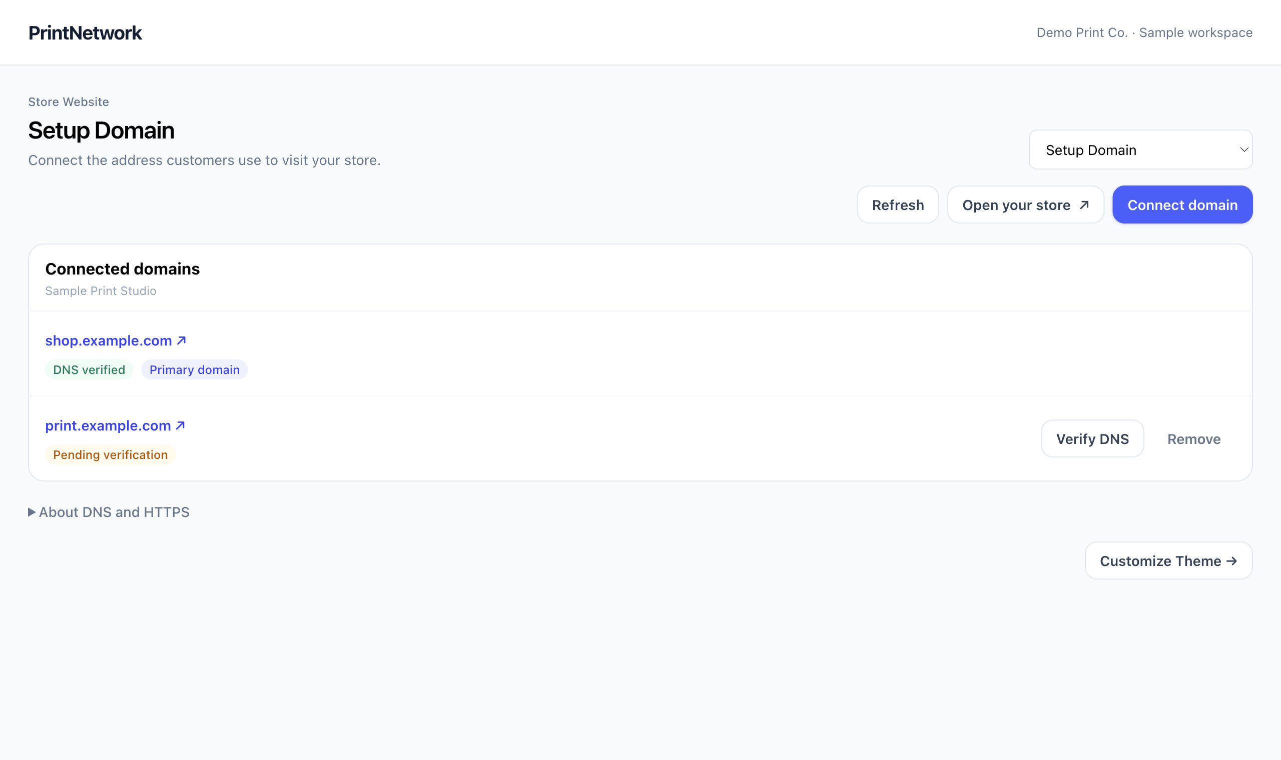 Custom domains in PrintNetwork: Connect the address customers use to visit your shop and keep domain verification and your primary address in view. Fictional demo data.