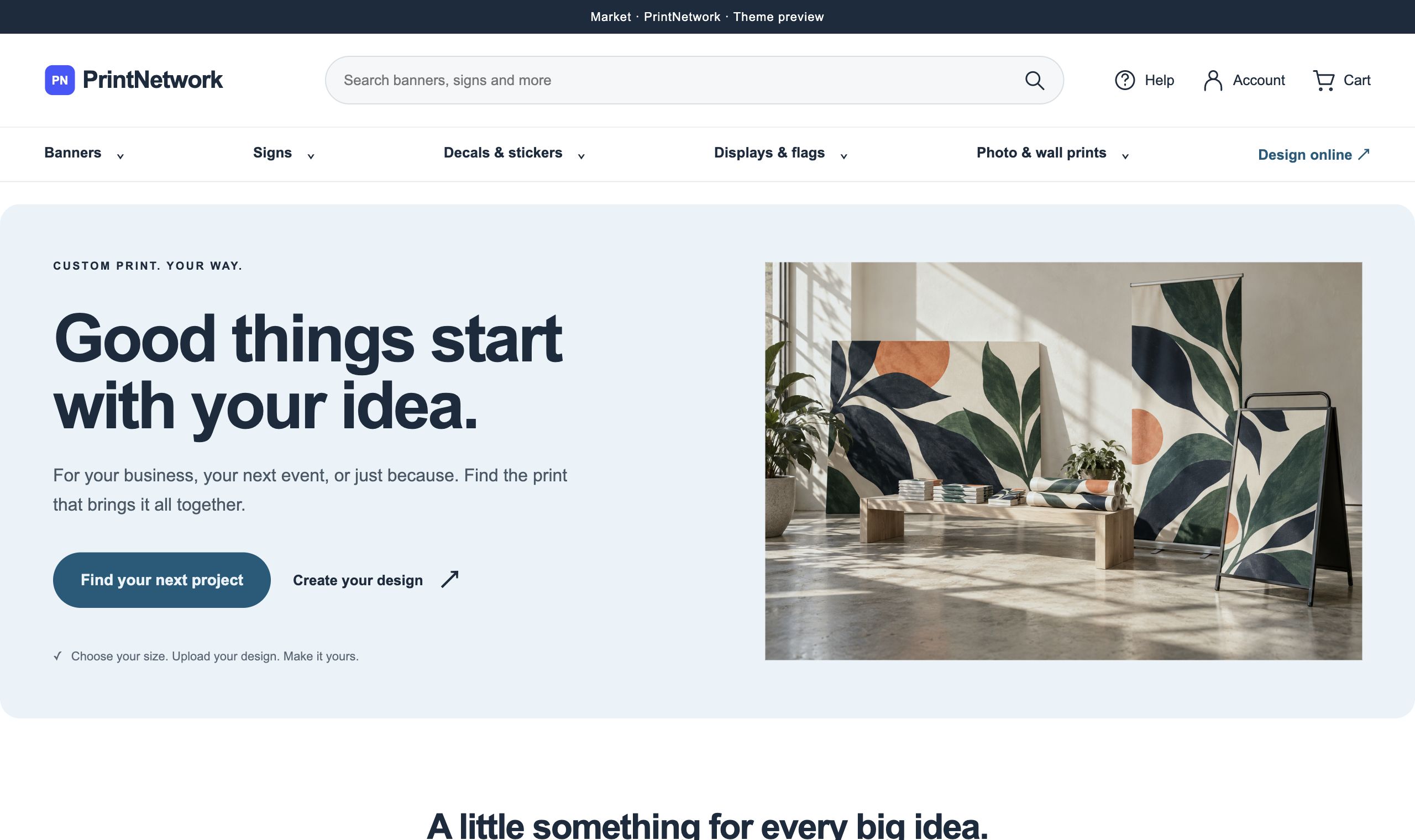 Market theme in PrintNetwork: Lead with your products in a welcoming print storefront with categories, search and an easy path to ordering. Fictional demo data.