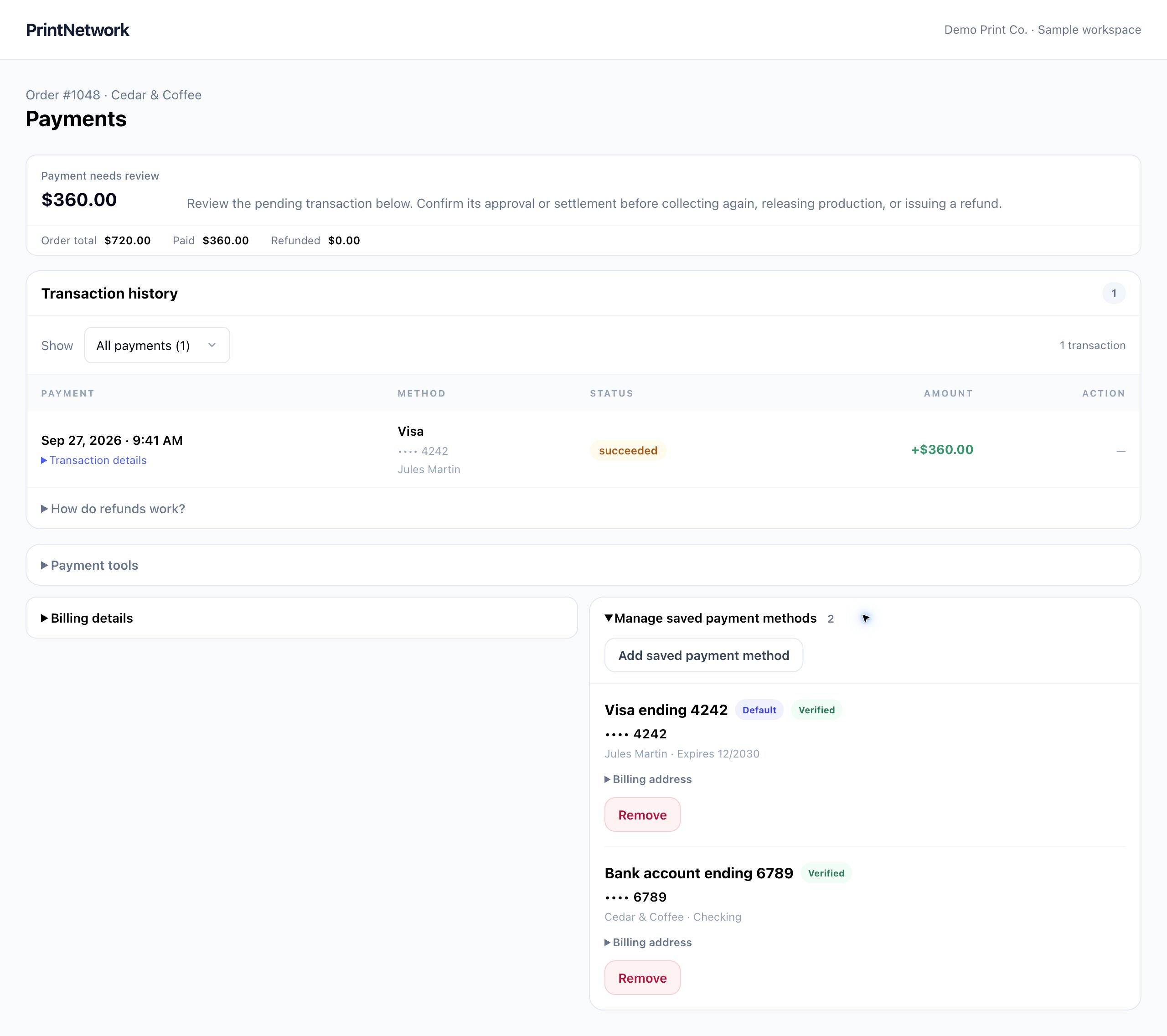 Order payments in PrintNetwork: Review the balance due, saved payment methods and transaction history together in the order workspace. Fictional demo data.