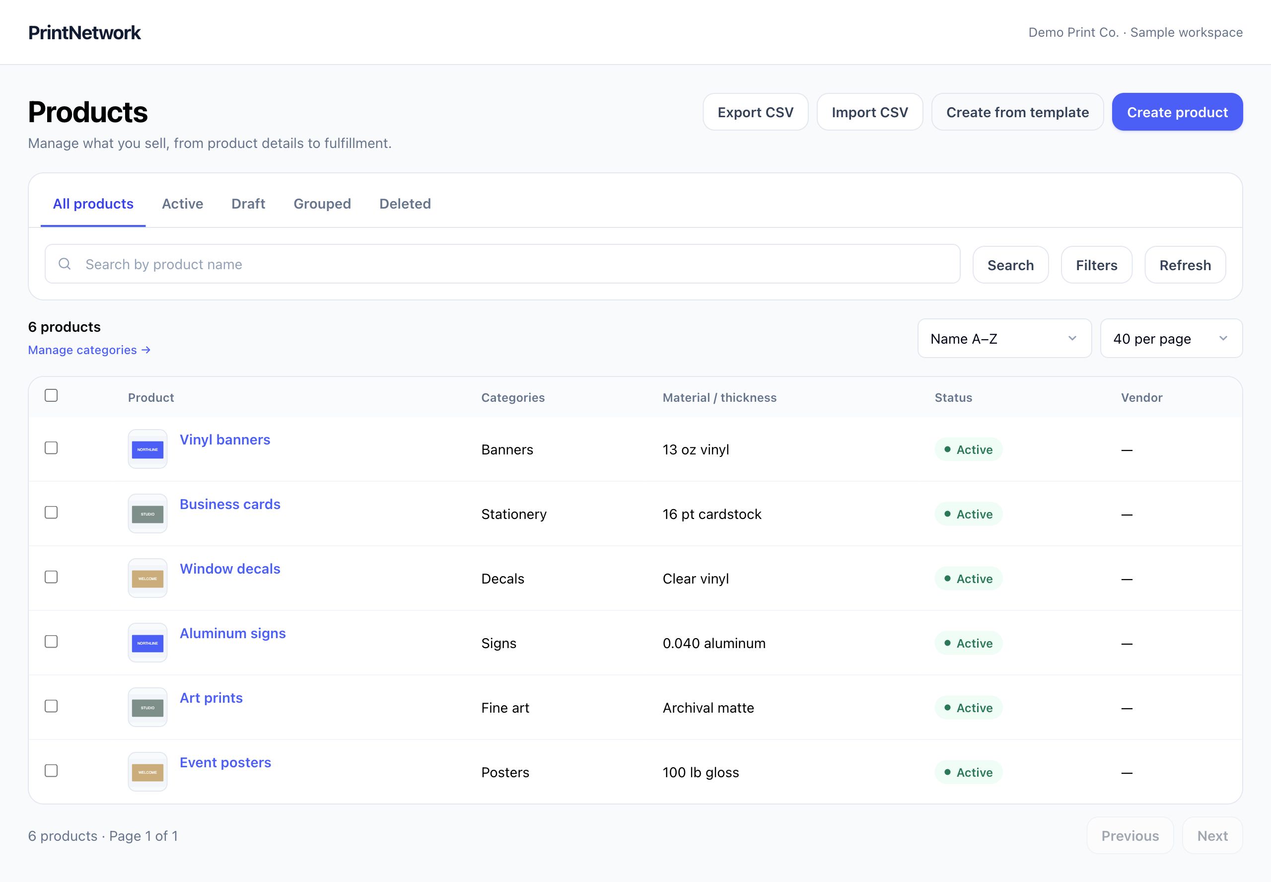 Product catalog in PrintNetwork: Organize your print catalog with categories, material details, product status and import tools in one workspace. Fictional demo data.