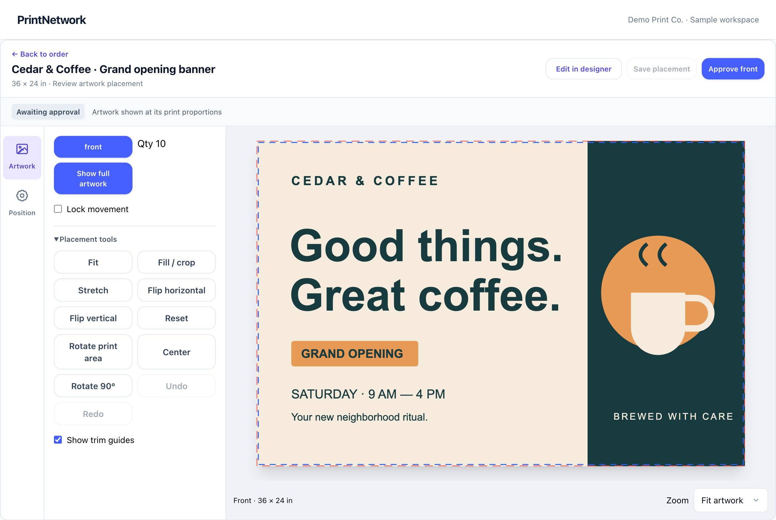 Digital proofing in PrintNetwork: Review artwork at its print proportions, check trim guides and approve the correct side before production. Fictional demo data.