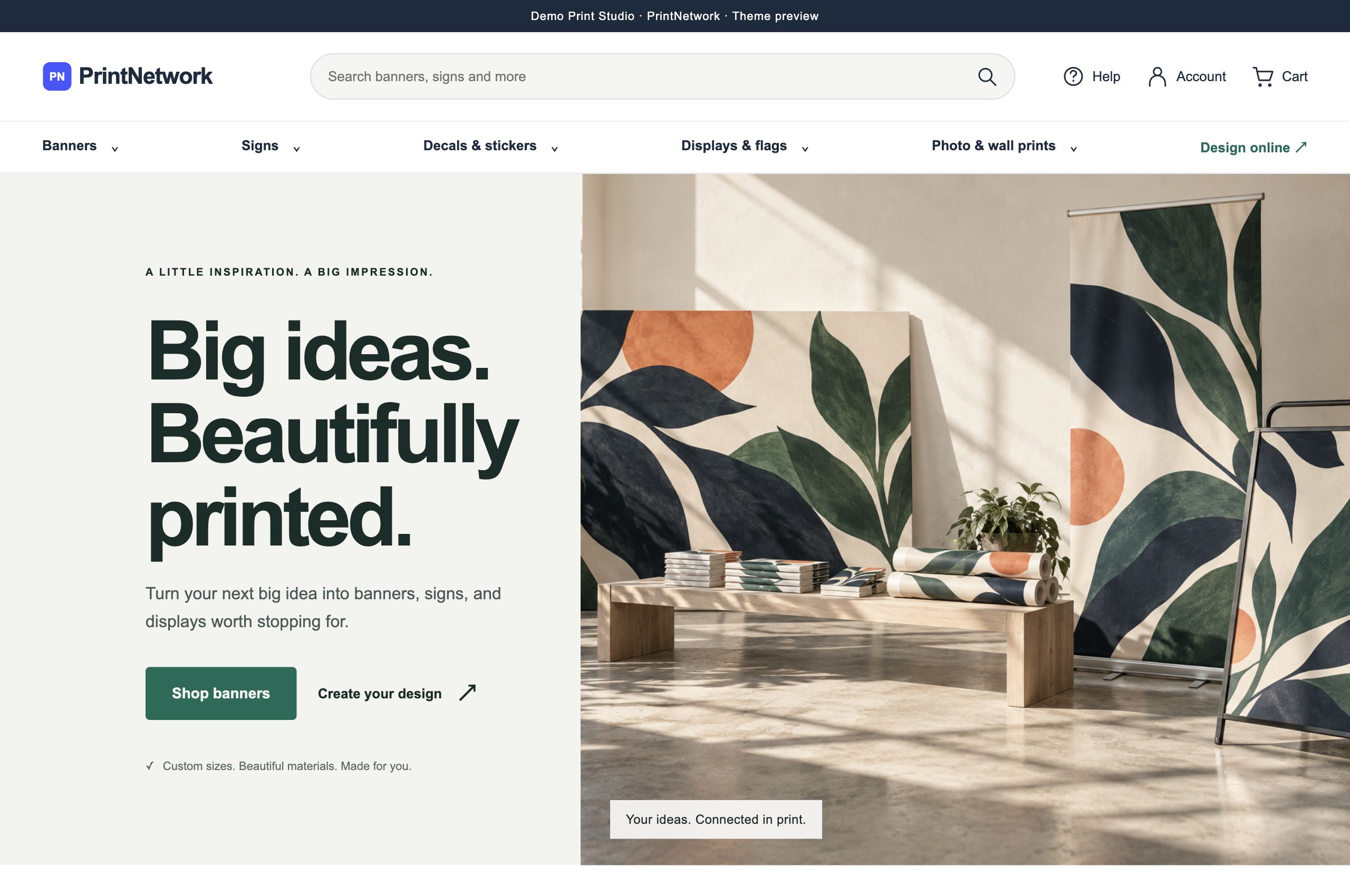 Studio theme in PrintNetwork: Show your print in context with spacious photography, editorial layouts and clear product collections. Fictional demo data.