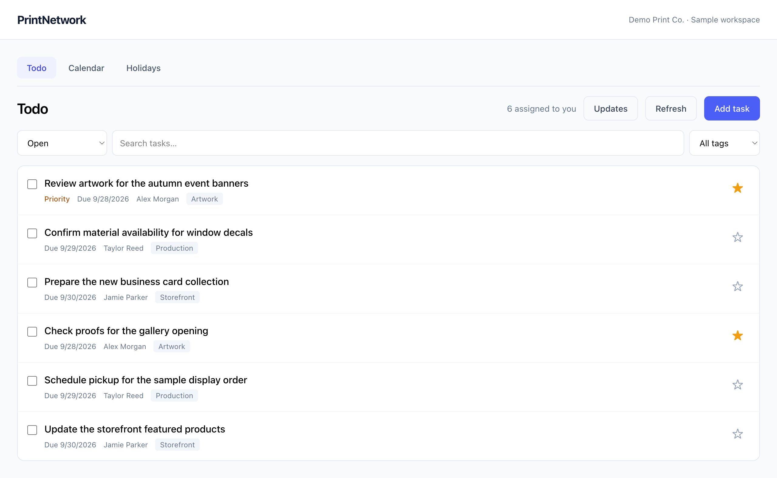 Team tasks in PrintNetwork: Turn the next steps into assigned tasks, with due dates, priorities and tags that keep daily work organized. Fictional demo data.