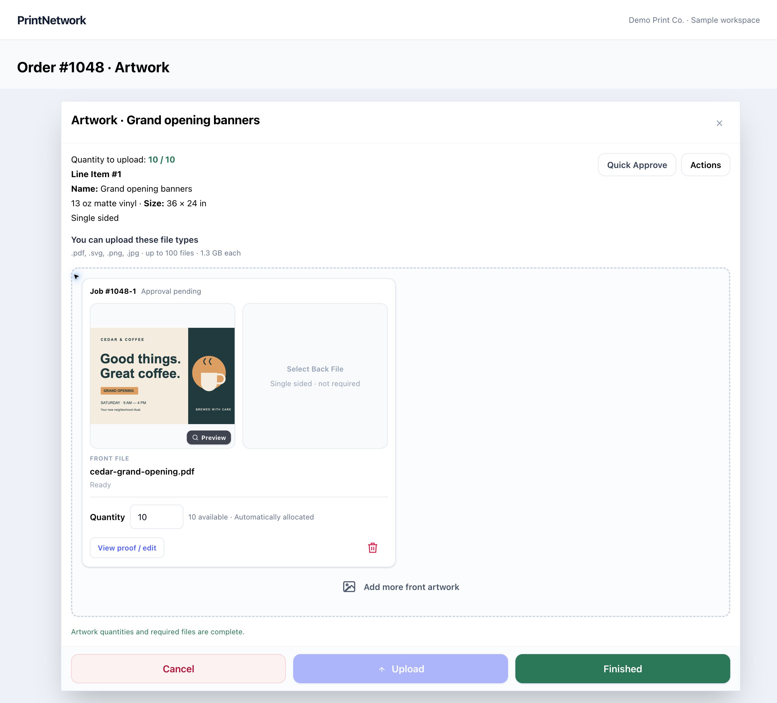Artwork upload in PrintNetwork: Collect print files, preview each side and assign quantities without losing the connection to the job. Fictional demo data.