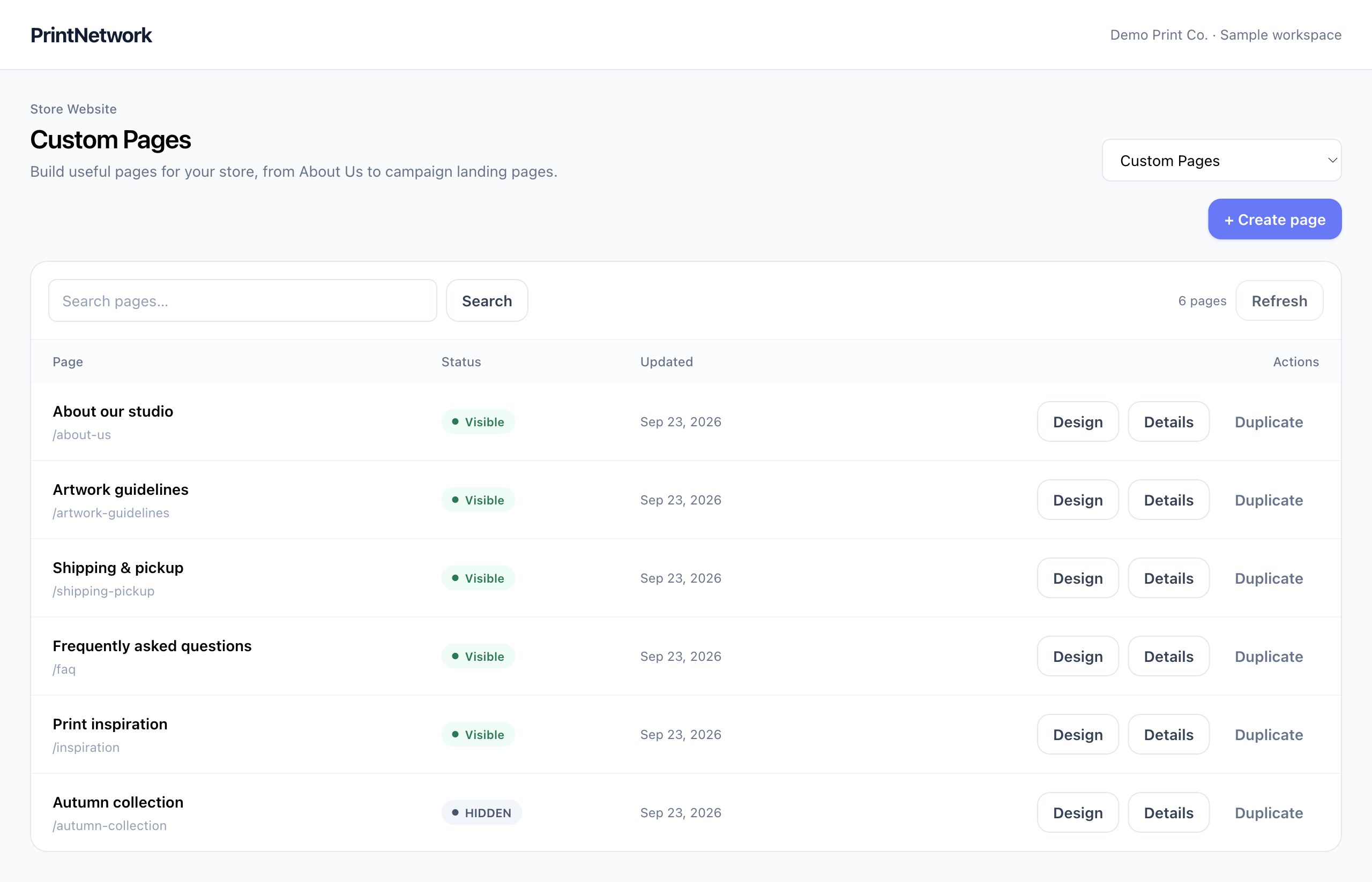 Website pages in PrintNetwork: Build useful content around your catalog, from artwork guidelines and frequently asked questions to seasonal campaigns. Fictional demo data.