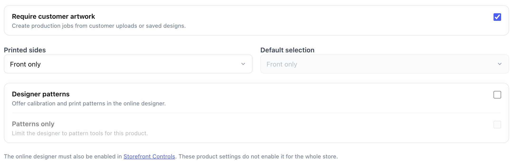 Artwork required, front-only printing, and designer pattern settings
