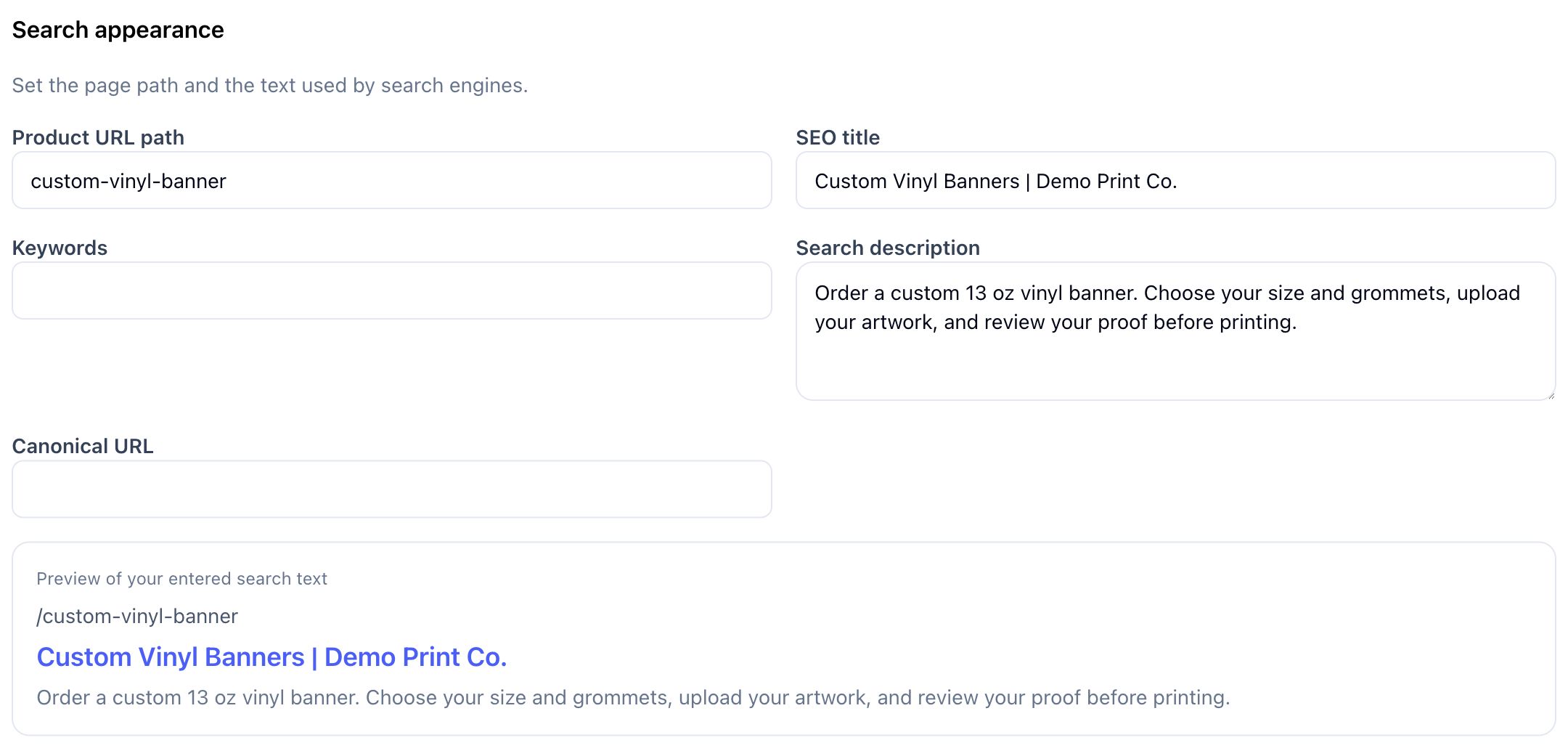 Filled URL, title, and search description with their search appearance preview