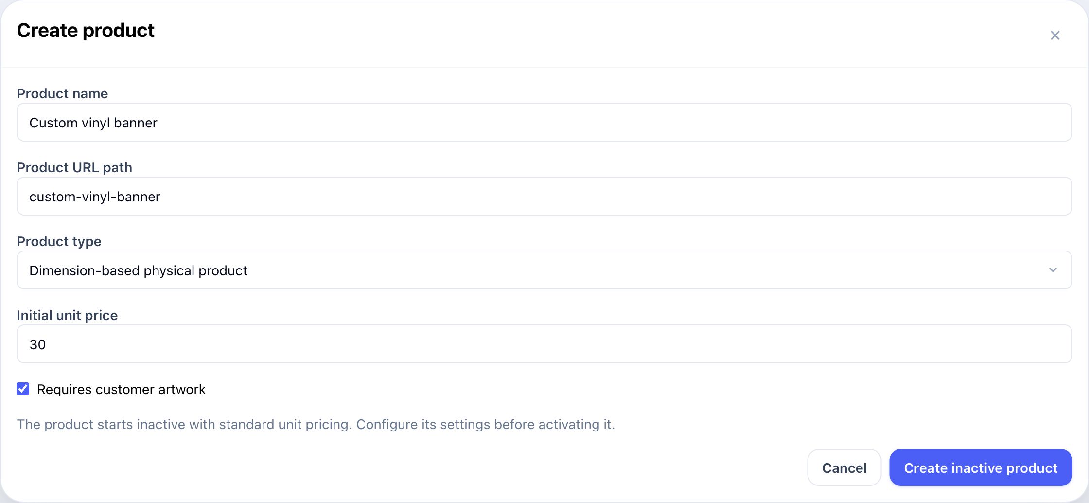 Create product form filled with the example banner