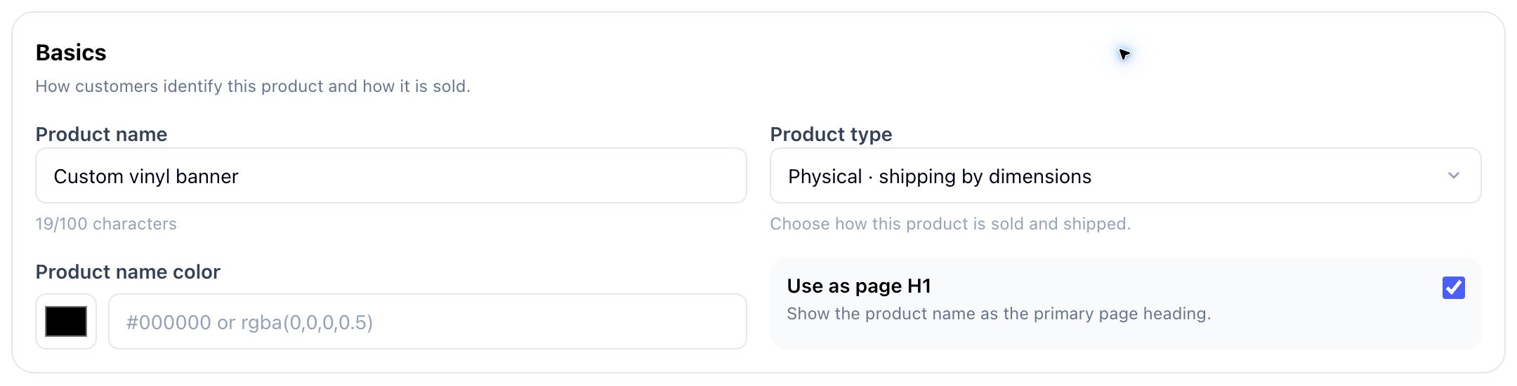 Product name, dimension-based product type, and page H1 control