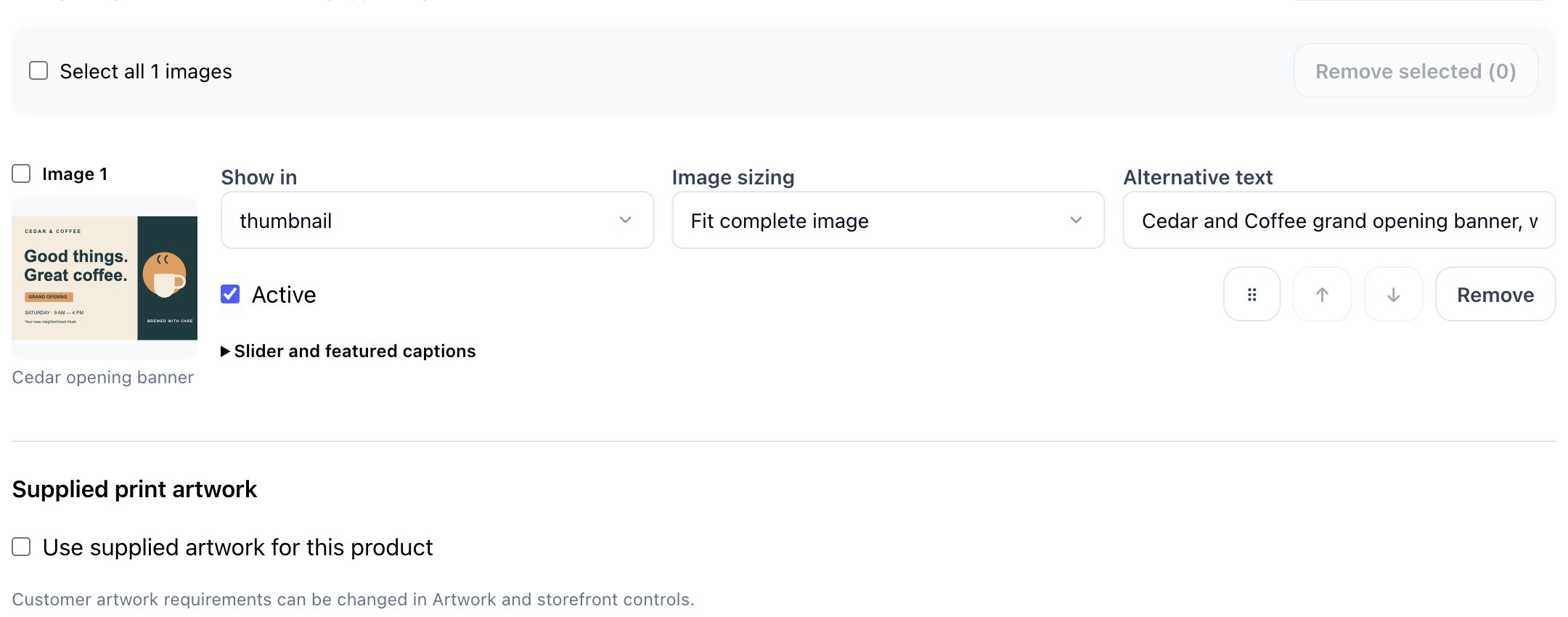 Product gallery image controls above the separate supplied print artwork setting