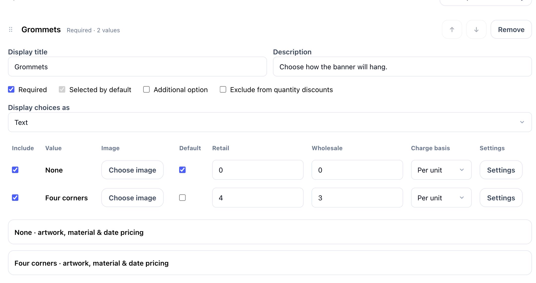 Expanded Grommets group showing included values, defaults, prices, and charge basis