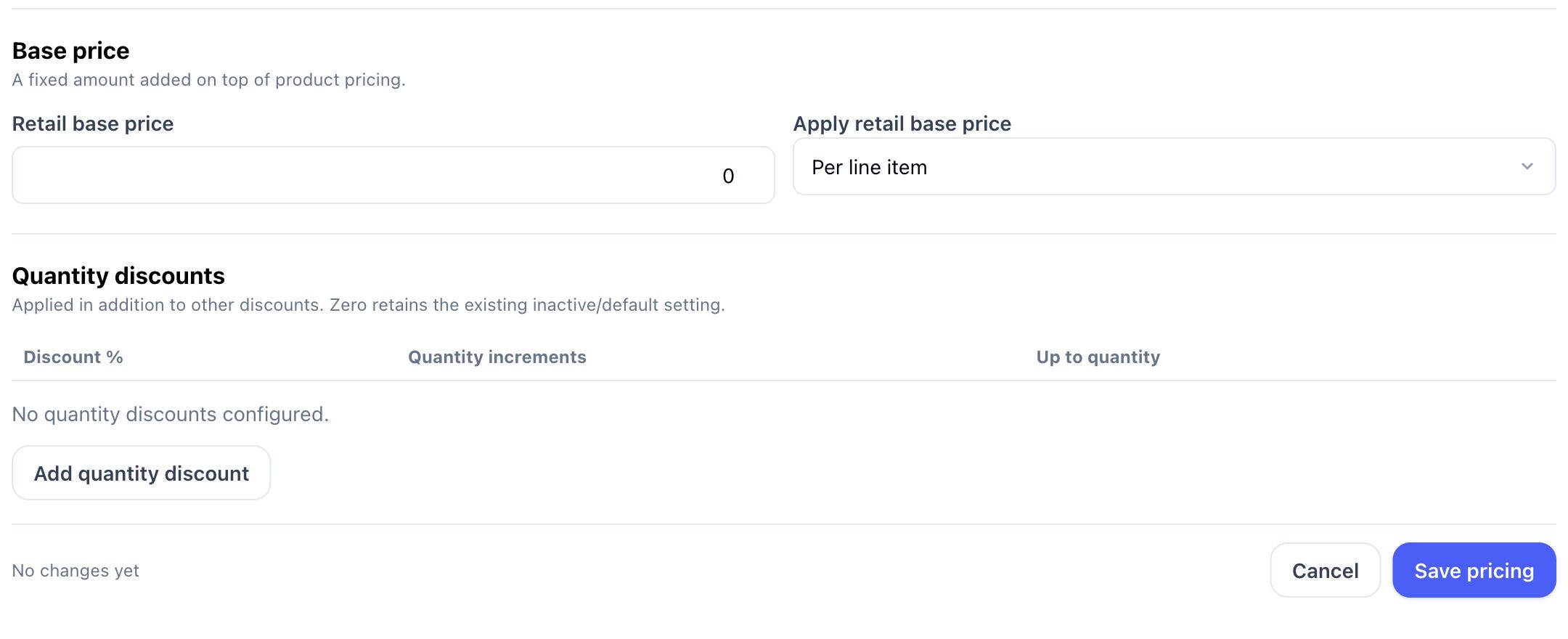 Base price and quantity-discount sections in the pricing editor