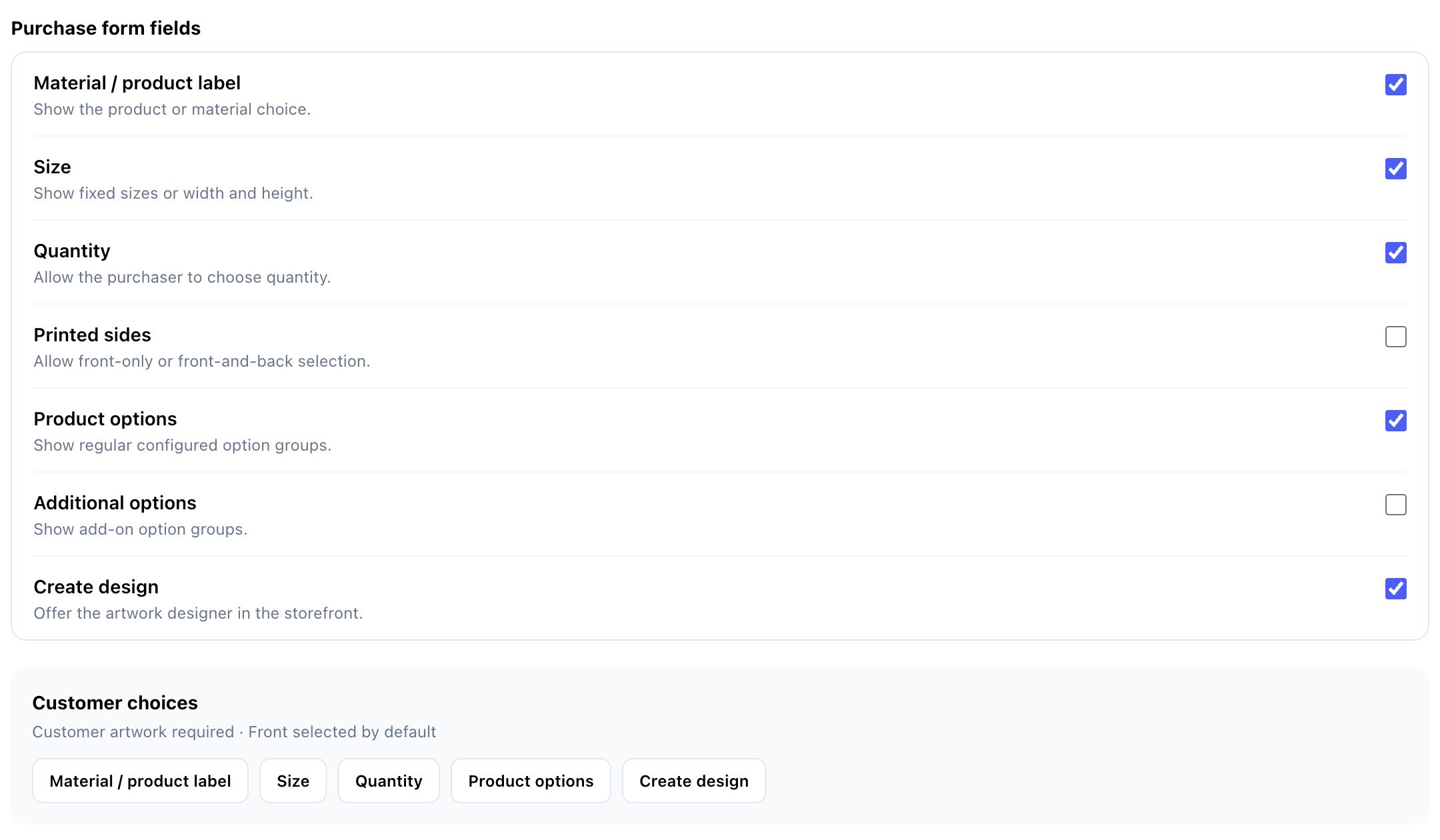 Purchase form visibility switches and the Customer choices summary