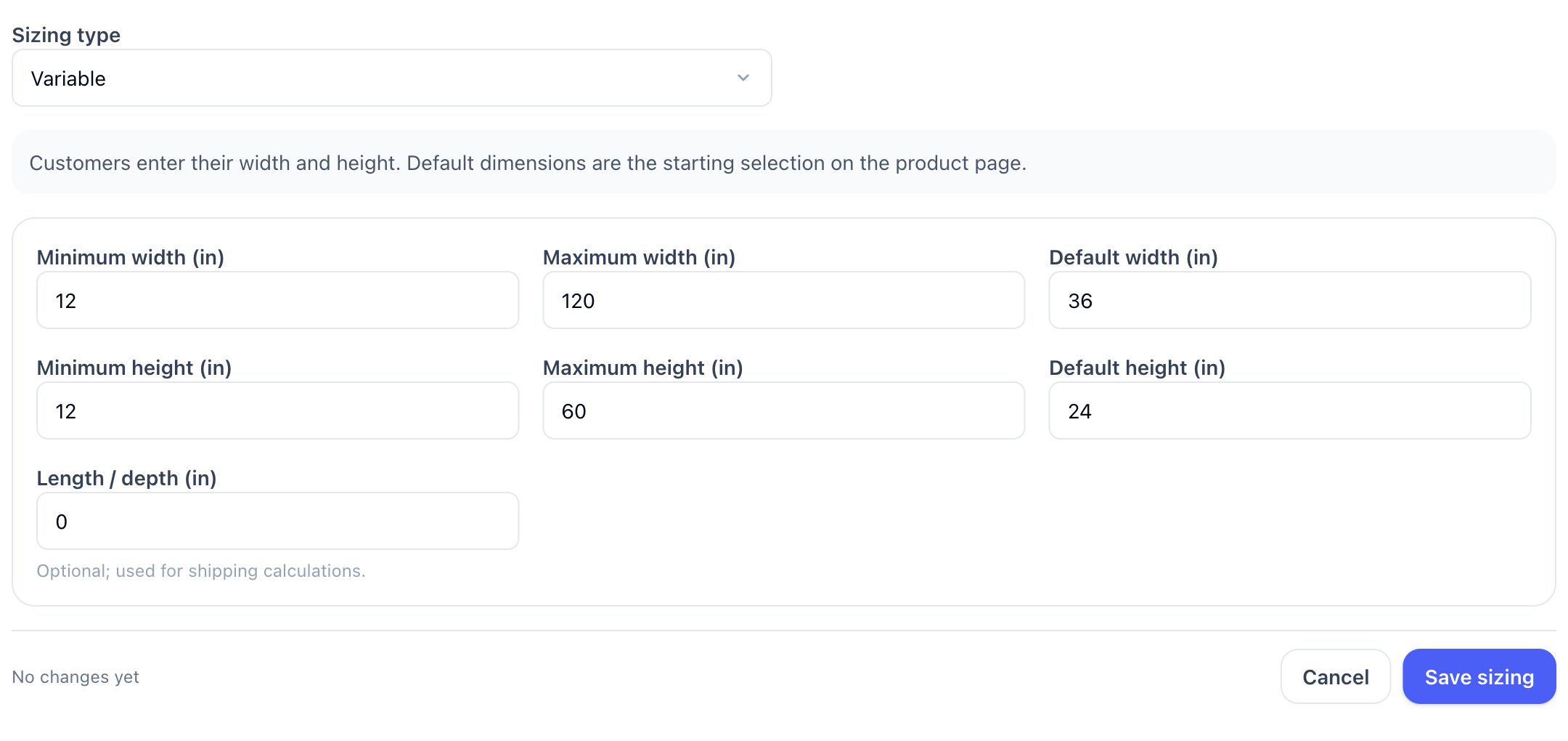 Variable size controls for a 36 by 24 inch default banner