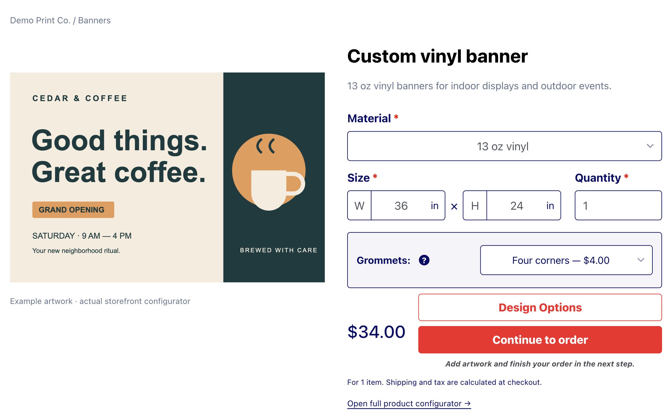 Customer product configurator showing a 36 by 24 inch banner, corner grommets, and a 34 dollar subtotal