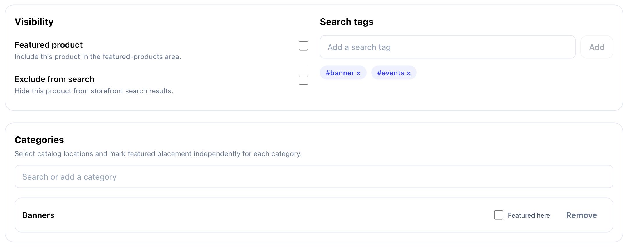Visibility, search tags, and Banners category in product information